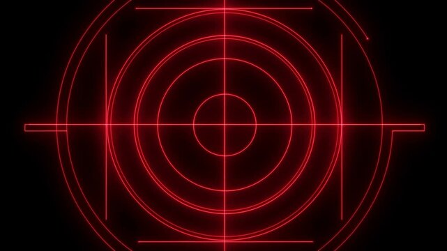 Slow zoom of red neon concentric rings and scanning crosshair overlay rotating and aligning on black background futuristic hud interface