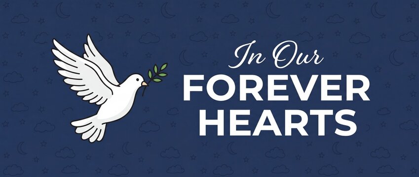 Sympathy condolence background white dove flying with olive branch for funeral memorial service design, featuring text in our forever hearts on dark blue night sky with stars. Cartoon graphic banners