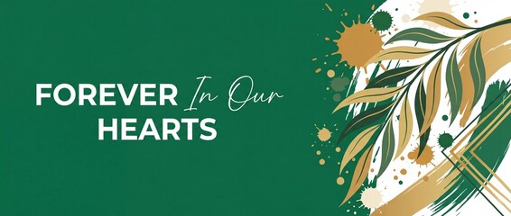 Fototapeta premium Forever in our hearts memorial banner with green and gold leaves on abstract artistic background, ideal for funeral, condolence card design, obituary program, and remembrance ceremony backdrops today!