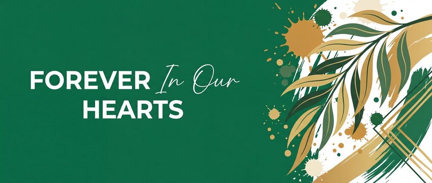 Forever in our hearts memorial banner with green and gold leaves on abstract artistic background, ideal for funeral, condolence card design, obituary program, and remembrance ceremony backdrops today!