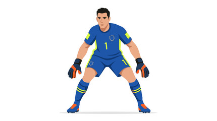 Soccer Goalkeeper Ready for Action: A male soccer goalkeeper, wearing a blue uniform and gloves, stands in a ready stance, poised to defend the goal. © Duran