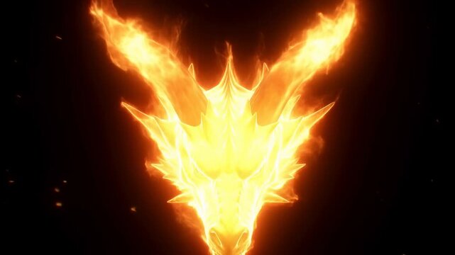 Slow motion zoom of fiery dragon head emerging and pulsing and breathing against dark background with floating embers and sparks
