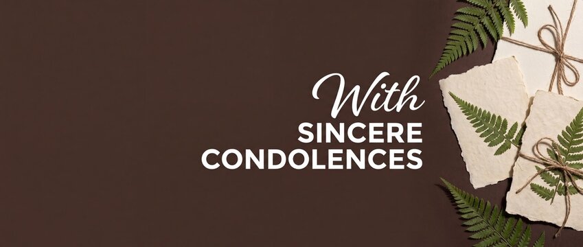 Sincere condolences sympathy card background with handmade paper, green fern leaves, and twine bow on dark brown backdrop for funeral, memorial service, bereavement message, and mourning banner.