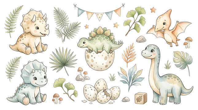 Watercolor Baby Dinosaur Clipart Set for Kids Nursery Decor