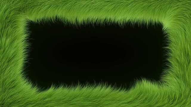 Panning shot of green grass border sliding to reveal black void backdrop across seamless studio panel triptych