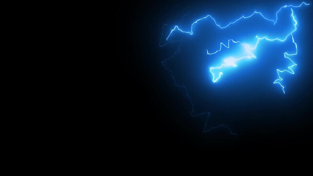 Lightning bolt glow. Dark alpha channel background with blue neon flashes and fast bright strike of light. Storm and thunderstorm in night sky. Overlay effect. Hand animated motion graphics