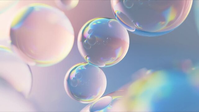 Slow motion close up of iridescent soap bubbles drifting and colliding in pastel studio backdrop macro composition