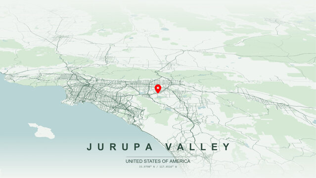 Minimalist vector map of Jurupa Valley, California, USA. High-quality scalable illustration of Jurupa Valley city grid, Santa Ana River waterfront layout, Pomona Freeway SR 60 for posters design.