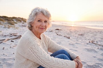 Fototapeta premium A smiling adult woman wearing a casual sweater, relaxing on a beautiful beach during the golden hour.