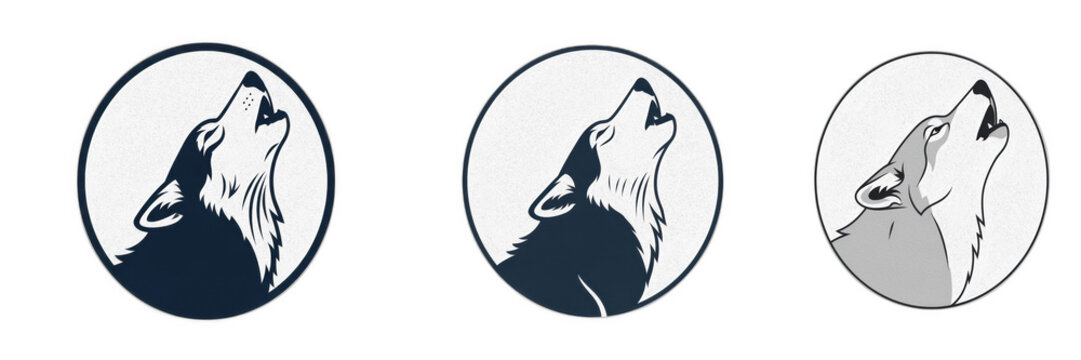 Set and collection of circular black wolf howling silhouette for wilderness adventure logo and nature wildlife icon isolated on white transparent png background