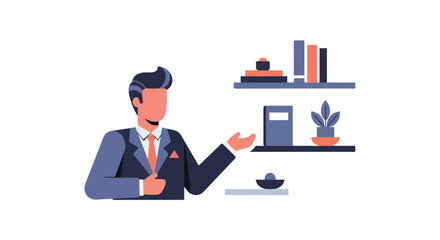 A professional man in a stylish suit stands in front of a modern bookshelf, gesturing towards its contents in a minimalist vector illustration. © Violet