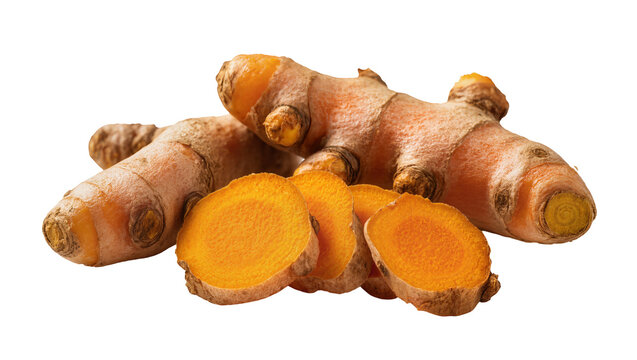 Isolated fresh turmeric roots and sliced pieces showing vibrant golden-orange interior