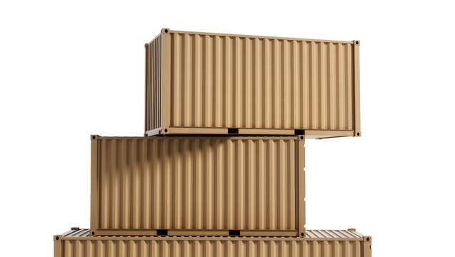 Isolated brown corrugated metal shipping containers stacked for global logistics and trade