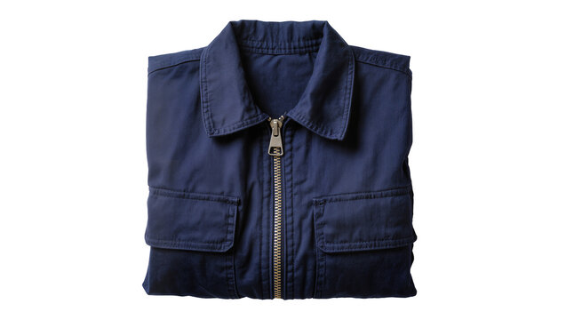 Isolated dark blue work jacket with zipper, folded neatly, practical everyday utility wear
