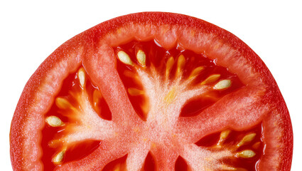 Isolated macro studio shot of a vibrant fresh ripe red tomato cross-section half slice with seeds © Aoife