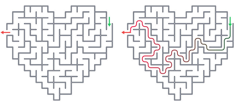 Heart-shaped maze with entry and exit paths illustrated  