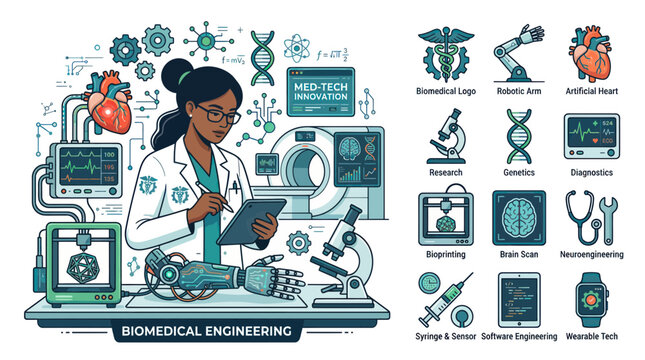 Biomedical Engineering Innovation with Scientist, Heart, MRI Scanner & Robotic Arm