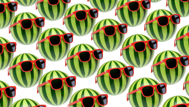 Isolated seamless pattern of fun striped watermelons wearing red sunglasses for summer vacation.