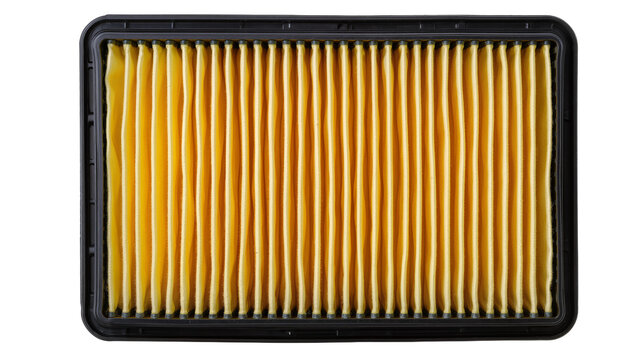 Isolated new clean pleated engine air filter automotive car vehicle spare part maintenance