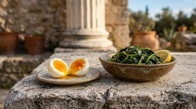 Soft boiled egg horta soft-boiled Greek egg halved jammy yolk beside boiled horta greens olive oil side profile hero showing cross-section or layers visible in