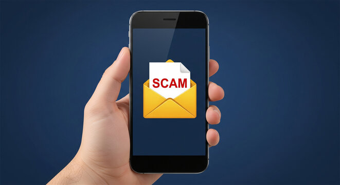 Online scam alert on smartphone. Phishing email warning. Fraud prevention concept displayed on mobile device.