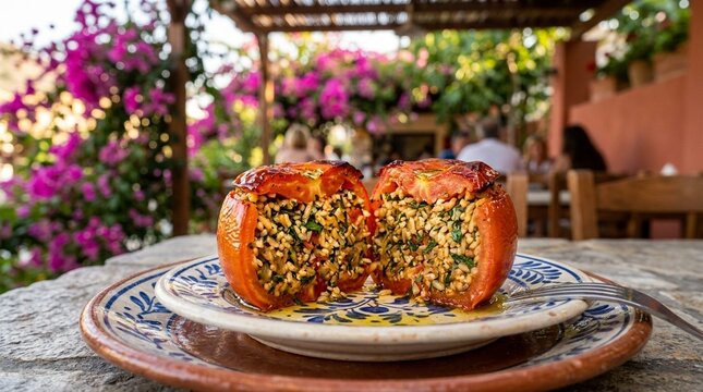 Gemista cross-section gemista stuffed tomato halved cross-section showing herbed rice filling inside on ceramic plate shallow depth portrait isolation food
