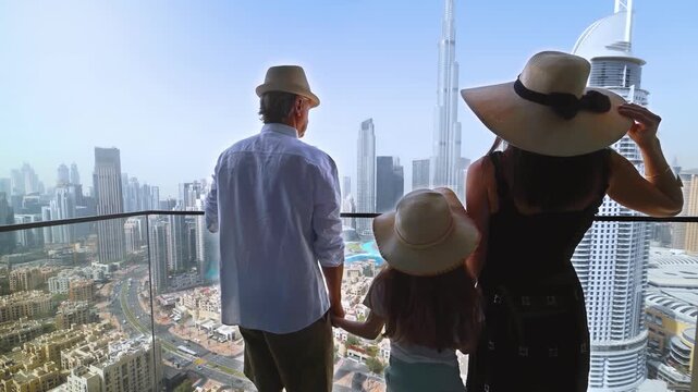 A tourist family enjoys the panoramic view over the skyline of downtown Dubai, UAE, from their balcony