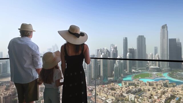 A tourist family stands at a balcony and enjoys the panoramic view over the skyline of downtown Dubai, UAE