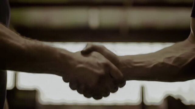 Two athletes shaking hands after match in stadium.