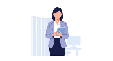 A professional businesswoman in a lavender suit stands in an office holding a digital tablet, set against a minimalist architectural background. © Violet