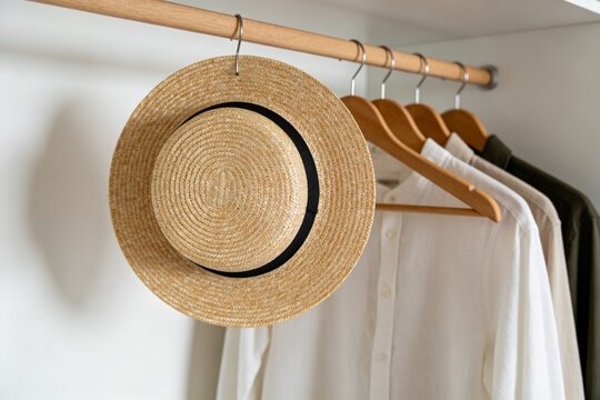 Straw hat hanging on clothing rack