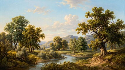 Obraz premium Classic summer landscape oil painting featuring a peaceful river, old oak trees, and distant mountains under a bright blue sky.