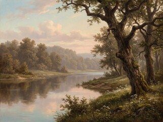Obraz premium Classic oil painting of a tranquil river landscape with old oak trees, spring wildflowers, and a soft morning sky.
