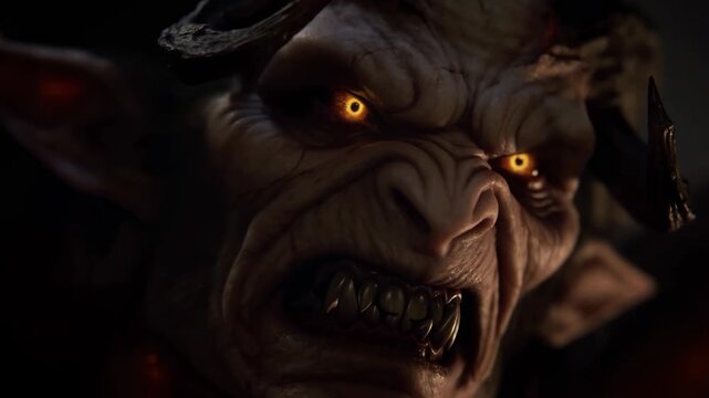 Fierce fantasy orc warrior turn with intense glowing eyes and dramatic expression in darkness