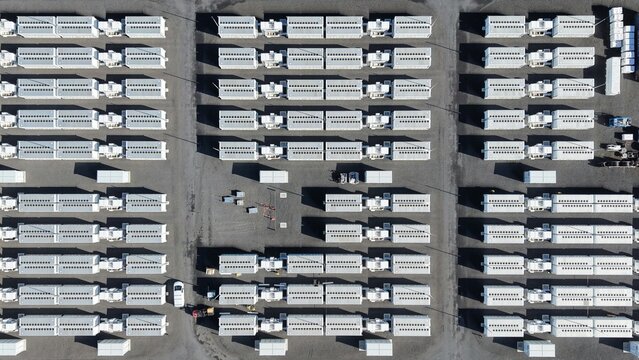 Aerial view rows of industrial energy storage system