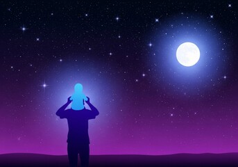 Naklejka premium A premium vector illustration shows a large silhouette carrying a smaller silhouette under a vast night sky filled with many bright twinkling stars, art, astrology, illustration