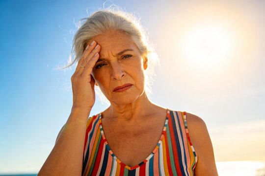 Senior woman touching forehead outdoors