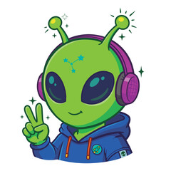 Obraz premium Cute Green Alien DJ Mascot with Headphones and Hoodie