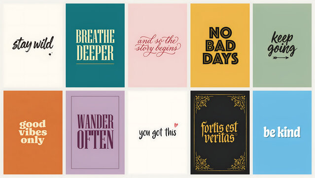Collection of ten colorful cards with motivational typography quotes isolated on a transparent background