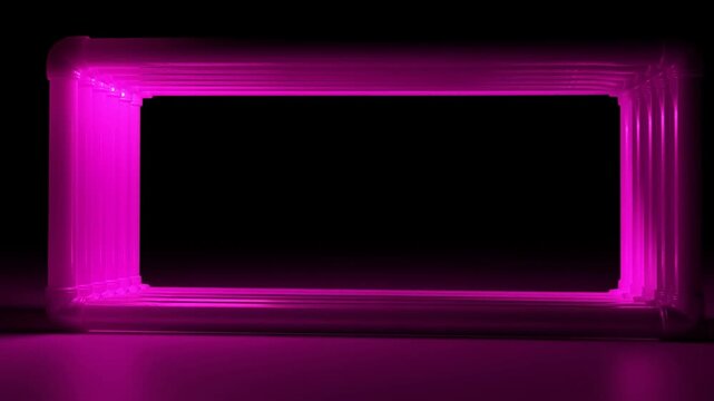 Panning shot of glowing pink neon rectangular frame sliding across dark studio floor revealing repeating tunnel portal on black background