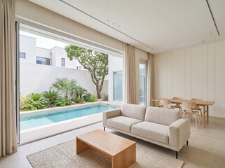 Fototapeta premium Modern Vacation Rental Lounge with Bright Poolside Patio