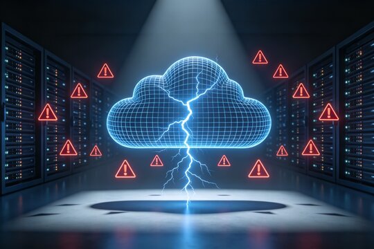 Digital cloud with warning symbols in server room