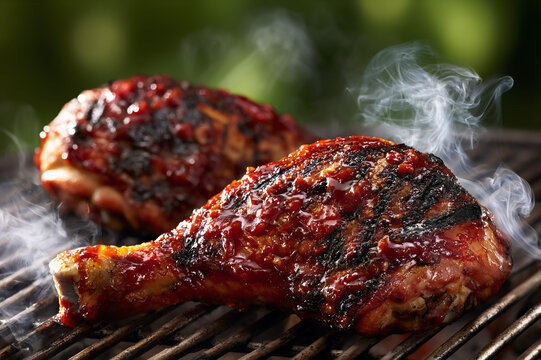 Grilled barbecue chicken quarters sizzling on an outdoor charcoal grill close up