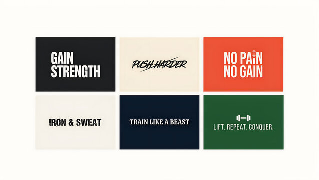 Six motivational fitness quotes with bold typography on colored cards isolated on a transparent background