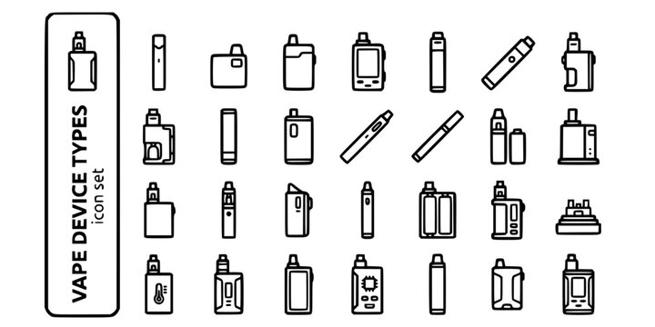 Vape Device Types Bold Line Icons-Disposable Pod System Box Mod Tube Mod Squonk Mechanical AIO Vape Pen Cigalike Desktop Portable-25 Vape Device Icon Set Vector