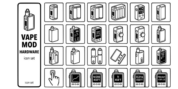 Vape Mod Box Mod Hardware Bold Line Icons-Single Dual Triple Quad Battery DNA Chip Temperature Control Variable Wattage Voltage Bypass-25 Mod Hardware Icon Set Vector