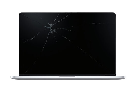 A silver portable computer featuring a completely shattered black display screen showing severe damage from impact&nbsp;&nbsp;