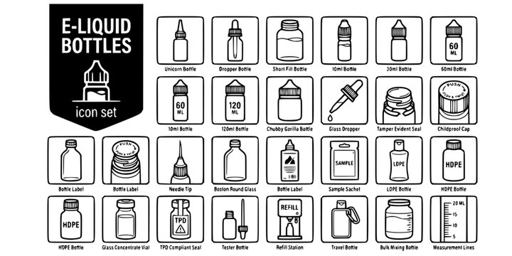 E-Liquid Bottle Container Types Bold Line Icons-Unicorn Dropper Short Fill 10ml 30ml 60ml 100ml 120ml Chubby Gorilla Childproof Needle Tip-25 E-Liquid Bottle Icon Set Vector