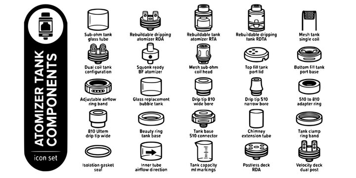 Atomizer Tank Components Bold Line Icons-Sub-Ohm Tank RDA RTA RDTA Mesh Coil Squonk Top Fill Bottom Fill Airflow Ring Drip Tip 810 510-25 Atomizer Icon Set Vector