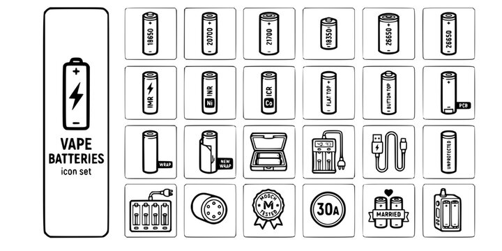 Vape Battery Power Source Bold Line Icons-18650 20700 21700 18350 26650 IMR INR ICR Flat Top Button Top Rewrap Case Charger-25 Battery Icon Set Vector
